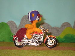 Size: 3648x2736 | Tagged: safe, alternate version, artist:malte279, part of a set, scootaloo, pegasus, pony, g4, craft, felting, female, harley davidson, helmet, high res, irl, metal foil, motorcycle, needle felted, photo, plushie, relief, sculpture, wings