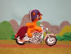Size: 5152x3864 | Tagged: safe, alternate version, artist:malte279, part of a set, scootaloo, pegasus, pony, g4, craft, felting, female, harley davidson, helmet, irl, metal foil, motorcycle, needle felted, photo, plushie, relief, sculpture, wings