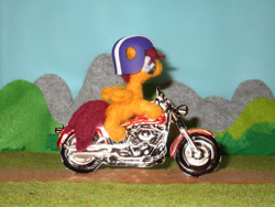 Size: 1024x768 | Tagged: safe, artist:malte279, part of a set, scootaloo, pegasus, pony, g4, craft, felting, female, harley davidson, helmet, irl, metal foil, motorcycle, needle felted, photo, plushie, relief, sculpture, wings