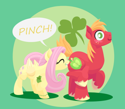 Size: 1920x1680 | Tagged: safe, anonymous artist, big macintosh, fluttershy, earth pony, pegasus, pony, series:fm holidays, g4, biting, blushing, bracelet, butt, butt bite, butt touch, duo, eyes closed, female, holiday, jewelry, lineless, male, mare, no pupils, pinch, plot, raised hoof, saint patrick's day, shamrock, ship:fluttermac, shipping, smiling, speech bubble, stallion, straight