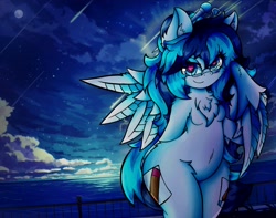 Size: 4096x3233 | Tagged: safe, artist:canvymamamoo, oc, oc only, oc:canvy, pegasus, pony, semi-anthro, arm hooves, belly button, bipedal, blushing, both cutie marks, breasts, chest fluff, ear fluff, female, glasses, hair bun, heart eyes, lidded eyes, looking at you, mare, night, ocean, pegasus oc, solo, wingding eyes