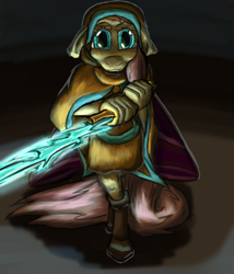 Size: 1584x1852 | Tagged: safe, artist:firefanatic, fluttershy, anthro, g4, boots, cloak, clothes, energy sword, energy weapon, hood, long tail, moth wings, shoes, skirt, stern, weapon, wings