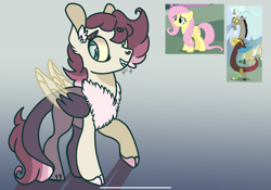 Size: 2388x1668 | Tagged: safe, artist:caramelbolt24, discord, fluttershy, oc, oc:rosie comb, draconequus, hybrid, pegasus, pony, g4, chest fluff, draconequus oc, ear fluff, eyes closed, female, gradient background, grin, interspecies offspring, male, mare, offspring, parent:discord, parent:fluttershy, parents:discoshy, screencap reference, signature, smiling, wings