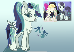 Size: 2388x1668 | Tagged: safe, artist:caramelbolt24, edit, screencap, coloratura, songbird serenade, oc, oc:serenity wing, earth pony, pegasus, pony, g4, my little pony: the movie, the mane attraction, bow, chest fluff, clothes, dress, ear fluff, eyelashes, eyes closed, hair bow, hair over eyes, magical lesbian spawn, offspring, parent:coloratura, parent:songbird serenade, pegasus oc, raised hoof, screencap reference, signature