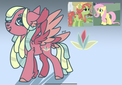 Size: 2388x1668 | Tagged: safe, artist:caramelbolt24, edit, screencap, fluttershy, tree hugger, oc, oc:waterlily, earth pony, pegasus, pony, g4, abstract background, clothes, colored hooves, ear fluff, eyes closed, female, headscarf, magical lesbian spawn, mare, offspring, parent:fluttershy, parent:tree hugger, parents:flutterhugger, scarf, screencap reference, signature, wings