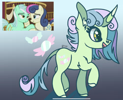 Size: 2055x1668 | Tagged: safe, artist:caramelbolt24, edit, screencap, bon bon, lyra heartstrings, sweetie drops, oc, oc:minty delight, earth pony, pony, unicorn, g4, slice of life (episode), abstract background, ear fluff, eyes closed, female, horn, leonine tail, lesbian, magical lesbian spawn, offspring, open mouth, parent:bon bon, parent:lyra heartstrings, parents:lyrabon, raised hoof, screencap reference, ship:lyrabon, shipping, signature, smiling, unicorn oc
