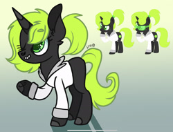 Size: 2181x1668 | Tagged: safe, artist:caramelbolt24, oc, oc only, pony, unicorn, abstract background, clothes, ear fluff, eyelashes, eyes closed, freckles, grin, horn, lab coat, one eye closed, raised hoof, reference sheet, signature, smiling, sunglasses, unicorn oc, wink