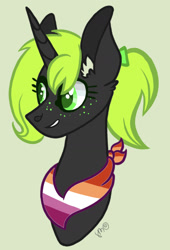 Size: 1110x1628 | Tagged: safe, artist:caramelbolt24, oc, oc only, pony, unicorn, bow, bust, commission, deviantart green, ear fluff, eyelashes, freckles, green background, grin, hair bow, horn, lesbian pride flag, neckerchief, pride, pride flag, signature, simple background, smiling, solo, unicorn oc, ych result