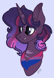 Size: 1124x1628 | Tagged: safe, artist:caramelbolt24, oc, oc only, oc:midnight star, pony, unicorn, bisexual pride flag, bust, commission, ear fluff, eyelashes, gray background, grin, horn, magical parthenogenic spawn, neckerchief, offspring, parent:tempest shadow, pride, pride flag, signature, simple background, smiling, solo, unicorn oc, ych result