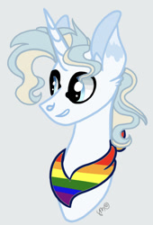 Size: 1115x1639 | Tagged: safe, artist:caramelbolt24, oc, oc only, oc:silver moon, pony, unicorn, bust, commission, ear fluff, gay pride flag, gray background, grin, horn, neckerchief, offspring, parent:prince blueblood, parent:trixie, parents:bluetrix, pride, pride flag, signature, simple background, smiling, solo, unicorn oc, ych result