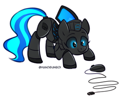 Size: 1500x1210 | Tagged: safe, artist:handgunboi, oc, oc only, oc:gigi, pony, robot, robot pony, behaving like a cat, black sclera, computer mouse, dell, female, imminent pounce, mare, simple background, solo