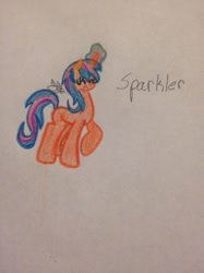 Size: 1280x1707 | Tagged: safe, artist:akajulester, oc, oc only, oc:sparkler, pony, unicorn, blank flank, colored pencil drawing, eyes closed, female, filly, glowing horn, horn, magic, offspring, parent:flash sentry, parent:twilight sparkle, parents:flashlight, solo, traditional art