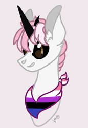 Size: 1123x1628 | Tagged: safe, artist:caramelbolt24, oc, oc only, bicorn, pony, bisexual pride flag, black sclera, bust, commission, ear fluff, grin, horn, horns, multiple horns, neckerchief, pride, pride flag, signature, simple background, smiling, solo, ych result