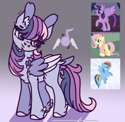 Size: 1714x1668 | Tagged: safe, artist:caramelbolt24, edit, screencap, fluttershy, rainbow dash, twilight sparkle, oc, oc:birdsong poem, alicorn, pegasus, pony, g4, chest fluff, eyelashes, feathered fetlocks, female, gradient background, horn, looking back, magical lesbian spawn, magical threesome spawn, mare, multiple parents, offspring, parent:fluttershy, parent:rainbow dash, parent:twilight sparkle, pegasus oc, raised hoof, screencap reference, smiling, twilight sparkle (alicorn), two toned wings, wings