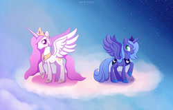 Size: 1280x820 | Tagged: safe, artist:nnaly, princess celestia, princess luna, alicorn, pony, g4, cloud, duo, pink-mane celestia, royal sisters, s1 luna, siblings, signature, sisters, spread wings, wings, younger