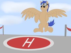 Size: 2000x1500 | Tagged: safe, artist:aklesswift, oc, oc only, pegasus, pony, day, flying, goggles, landing, male, pegasus oc, platform, sky, wings