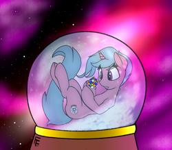 Size: 3200x2800 | Tagged: safe, artist:frecklesfanatic, oc, oc only, oc:specimen 11, cyborg, pony, unicorn, female, floating, high res, rubik's cube, snow globe, solo, space, space horse rpg