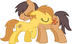 Size: 1015x625 | Tagged: safe, artist:katsubases, artist:pegasski, oc, oc only, oc:anna autumn, earth pony, pony, g4, base used, duo, earth pony oc, eyelashes, eyes closed, father and child, father and daughter, female, like father like daughter, like parent like child, male, mare, raised hoof, simple background, smiling, stallion, transparent background