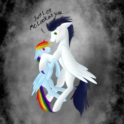 Size: 825x825 | Tagged: dead source, safe, artist:lazzari16, rainbow dash, soarin', pegasus, pony, fanfic:piercing the heavens, g4, fanfic art, female, looking at each other, male, missing cutie mark, ship:soarindash, shipping, size difference, straight