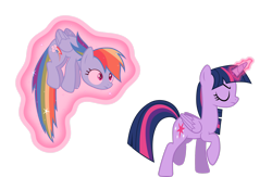 Size: 3031x1978 | Tagged: safe, artist:abion47, rainbow dash, twilight sparkle, alicorn, pegasus, pony, g4, .ai available, .svg available, duo, duo female, eyes closed, female, floating, glowing horn, holding a pony, horn, magic, magic aura, simple background, transparent background, trotting, twilight sparkle (alicorn), twilight sparkle is not amused, unamused, vector