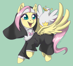 Size: 2048x1860 | Tagged: safe, artist:taytinabelle, fluttershy, bird, duck, pegasus, pony, g4, cute, cutie mark accessory, ear fluff, female, flutternun, green background, habit, happy, little nuns, looking at someone, mare, nun, open mouth, shyabetes, simple background, sitting on wing, smiling, solo, spread wings, turned head, wings