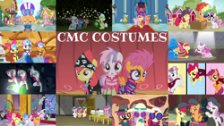 Size: 1280x721 | Tagged: safe, edit, edited screencap, editor:quoterific, screencap, apple bloom, bruce mane, cupid (g4), fine line, granny smith, maxie, ponet, ruby pinch, scootaloo, silver script, spring melody, sprinkle medley, sweetie belle, truffle shuffle, earth pony, pegasus, pony, unicorn, 28 pranks later, a canterlot wedding, flight to the finish, for whom the sweetie belle toils, g4, growing up is hard to do, hard to say anything, make new friends but keep discord, one bad apple, ponyville confidential, scare master, stare master, the show stoppers, twilight time, animal costume, beret, cape, chair, clothes, clown wig, cmc cape, cookie zombie, costume, cutie mark crusaders, director's chair, disguise, dress, fake moustache, fedora, filly guides, flower girl dress, gala dress, goggles, golden oaks library, groucho mask, hammer, hat, head mirror, helmet, lantern, mouth hold, nightmare night costume, older, older apple bloom, older cmc, older scootaloo, older sweetie belle, rainbow muzzle, royal guard, scooter, show stopper outfits, spotlight, stethoscope, sun hat, sunglasses, trio focus, typewriter, uniform, wonderbolts uniform