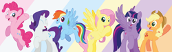 Size: 1920x581 | Tagged: safe, artist:alexdti, applejack, fluttershy, pinkie pie, rainbow dash, rarity, twilight sparkle, alicorn, earth pony, pegasus, pony, unicorn, g4, female, mane six, mare, spread wings, twilight sparkle (alicorn), wings