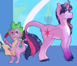 Size: 1004x851 | Tagged: safe, artist:mlpandlpsprincess, spike, twilight sparkle, classical unicorn, dragon, pony, unicorn, friendship is magic, g4, cloven hooves, duo, female, horn, leonine tail, male, mare, quill, scene interpretation, scroll, twilight's canterlot home, unicorn twilight, unshorn fetlocks