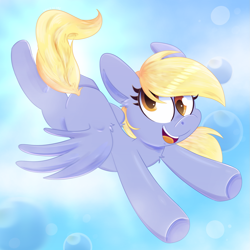 Size: 1751x1753 | Tagged: safe, artist:saveraedae, derpy hooves, pegasus, pony, g4, bright, bubble, chest fluff, cloud, cloudy, cute, derpabetes, female, flying, looking at you, smiling, solo, sun