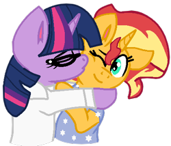 Size: 438x375 | Tagged: safe, artist:jadeharmony, sci-twi, sunset shimmer, twilight sparkle, unicorn, fanfic:sunset shimmer discovers her feet, equestria girls, g4, base used, cheek kiss, crossover, duo, equestria girls ponified, fanfic, female, kissing, lesbian, ship:sci-twishimmer, ship:sunsetsparkle, shipping, sunlight, the little mermaid, unicorn sci-twi