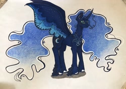 Size: 3387x2393 | Tagged: safe, artist:carolikna, princess luna, alicorn, pony, g4, cloven hooves, colored wings, colored wingtips, ethereal mane, ethereal tail, female, high res, mare, redesign, smiling, solo, traditional art, unshorn fetlocks
