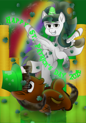 Size: 2513x3572 | Tagged: safe, artist:php178, derpibooru exclusive, oc, oc:nocturnal vision, oc:riverdance, alicorn, pony, g4, my little pony: the movie, .svg available, 2021, alicorn oc, aura, bedroom eyes, belly button, brand, branding, clover, coin, colored wings, dark, dock, duo, equestria font, female, folded wings, font, glowing, gold, gold coins, gradient background, gradient wings, green, hair, happy, hat, high res, highlights, holding stomach, holiday, horn, lidded eyes, lifting, light, looking at you, lying down, magic, male, mane, mare, movie accurate, on back, patron pony, ponified, prone, rainbow, raised hoof, raised tail, realistic mane, reflection, refraction, ruffled wing, saint patrick's day, shading, shadow, shamrock, simple background, smiling, smiling at you, sparkles, spread wings, stallion, standing, standing on one leg, stripes, svg, tail, tail between legs, telekinesis, text, top hat, vector, wall of tags, wallpaper, wings
