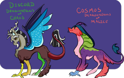 Size: 2738x1715 | Tagged: safe, artist:superkitsch, cosmos, discord, draconequus, g4, alternate design, purple background, simple background, story included