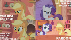 Size: 1280x720 | Tagged: safe, edit, edited screencap, editor:quoterific, screencap, applejack, rarity, earth pony, pony, unicorn, g4, look before you sleep, duo, duo female, eyes closed, female, golden oaks library, mare, misspelling, pardon