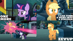 Size: 1280x720 | Tagged: safe, edit, edited screencap, editor:quoterific, screencap, applejack, big macintosh, rarity, twilight sparkle, earth pony, pony, unicorn, g4, magic duel, big jackintosh, disguise, eeyup, female, lip bite, male, mare, stallion