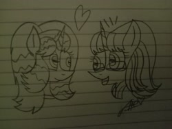 Size: 4160x3120 | Tagged: safe, artist:muhammad yunus, oc, oc only, oc:choi sky, oc:hsu amity, alicorn, pony, unicorn, female, glasses, heart, i can't believe it's not 徐詩珮, mare, open mouth, solo, traditional art