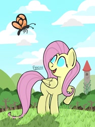 Size: 768x1024 | Tagged: safe, artist:fraciss, fluttershy, butterfly, insect, pegasus, pony, g4, female, forest, mare, missing cutie mark, no pupils, solo, tower