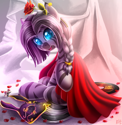 Size: 2627x2686 | Tagged: safe, artist:atlas-66, roseluck, oc, oc only, oc:asiri, zebra, g4, flower, high res, mask, rose, rose petals, smiling, vinyl disc, zebra oc