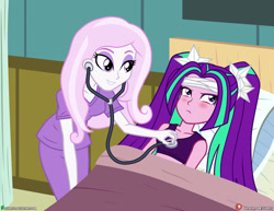 Size: 1280x989 | Tagged: safe, artist:dieart77, aria blaze, fleur-de-lis, equestria girls, g4, bandage, bed, checkup, clothes, nurse, nurse fleur, scrubs (gear), sports bra, stethoscope