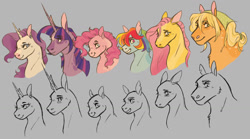 Size: 1280x713 | Tagged: safe, artist:halfcrazydaisy, applejack, fluttershy, pinkie pie, rainbow dash, rarity, twilight sparkle, alicorn, earth pony, pegasus, pony, unicorn, g4, bust, female, gray background, mane six, mare, simple background, twilight sparkle (alicorn)