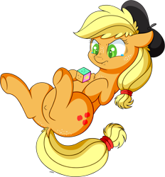 Size: 1845x1991 | Tagged: safe, artist:wownamesarehard, derpibooru exclusive, applejack, earth pony, pony, g4.5, how applejack got her hat back, my little pony: pony life, beret, butt, chest fluff, cute, dock, female, hat, mare, plot, pubic fluff, simple background, solo, squishy cube, teary eyes, transparent background