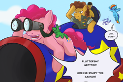 Size: 1772x1181 | Tagged: safe, artist:shacy's pagelings, boneless, cheese sandwich, gummy, pinkie pie, rainbow dash, earth pony, pegasus, pony, g4, binoculars, cheese supreme cannonball surprise, female, helmet, male, party tank, ship:cheesepie, shipping, straight, this will end in death, this will end in tears, this will end in tears and/or death