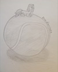 Size: 2592x3246 | Tagged: safe, artist:dimdariusz, izzy moonbow, pony, unicorn, g5, ball, female, funny, high res, izzy's tennis ball, lying, mare, pencil drawing, role reversal, tennis ball, traditional art
