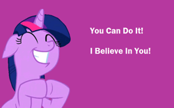 Size: 744x460 | Tagged: safe, derpibooru exclusive, edit, edited screencap, editor:twilyisbestpone, screencap, twilight sparkle, pony, unicorn, g4, adorkable, caption, clapping, cute, dork, eyes closed, female, floppy ears, mare, motivational, positive ponies, purple background, simple background, smiling, solo, talking to viewer, text, twiabetes, unicorn twilight