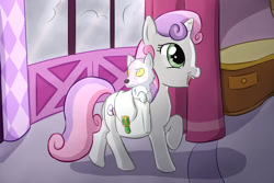 Size: 1500x1000 | Tagged: safe, artist:foxhatart, sweetie belle, oc, oc:blanky, pony, wolf, g4, bag, pup, saddle bag