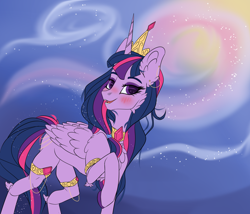 Size: 4000x3423 | Tagged: safe, artist:sugarypolecat, twilight sparkle, alicorn, pony, g4, blushing, colored, crown, female, flat colors, hoof polish, horn, jewelry, mare, purple eyes, purple mane, regalia, smiling, solo, twilight sparkle (alicorn), wings