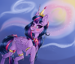 Size: 4000x3423 | Tagged: safe, artist:sugarypolecat, twilight sparkle, alicorn, pony, g4, blushing, crown, hoof polish, horn, jewelry, purple eyes, purple mane, regalia, smiling, solo, twilight sparkle (alicorn), wings