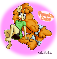 Size: 1725x1784 | Tagged: safe, artist:anibaruthecat, pumpkin cake, unicorn, anthro, unguligrade anthro, comic:incest-d-licious, g4, clothes, cute, cute little fangs, fangs, female, hoof feet, name, older, older pumpkin cake, pink background, shirt, shorts, simple background, smiling, solo, teenager