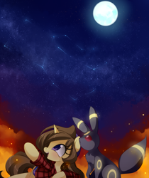 Size: 1598x1900 | Tagged: safe, artist:loyaldis, oc, oc:astral flare, firefly (insect), insect, pony, umbreon, unicorn, beanie, constellation, cute, flannel, hat, moon, night, pokémon, stars