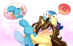 Size: 1666x1045 | Tagged: safe, artist:loyaldis, oc, oc:astral flare, mudkip, piplup, pony, unicorn, angry, anime style, beanie, cute, derp, female, hat, heart eyes, pokémon, sparkles, wingding eyes